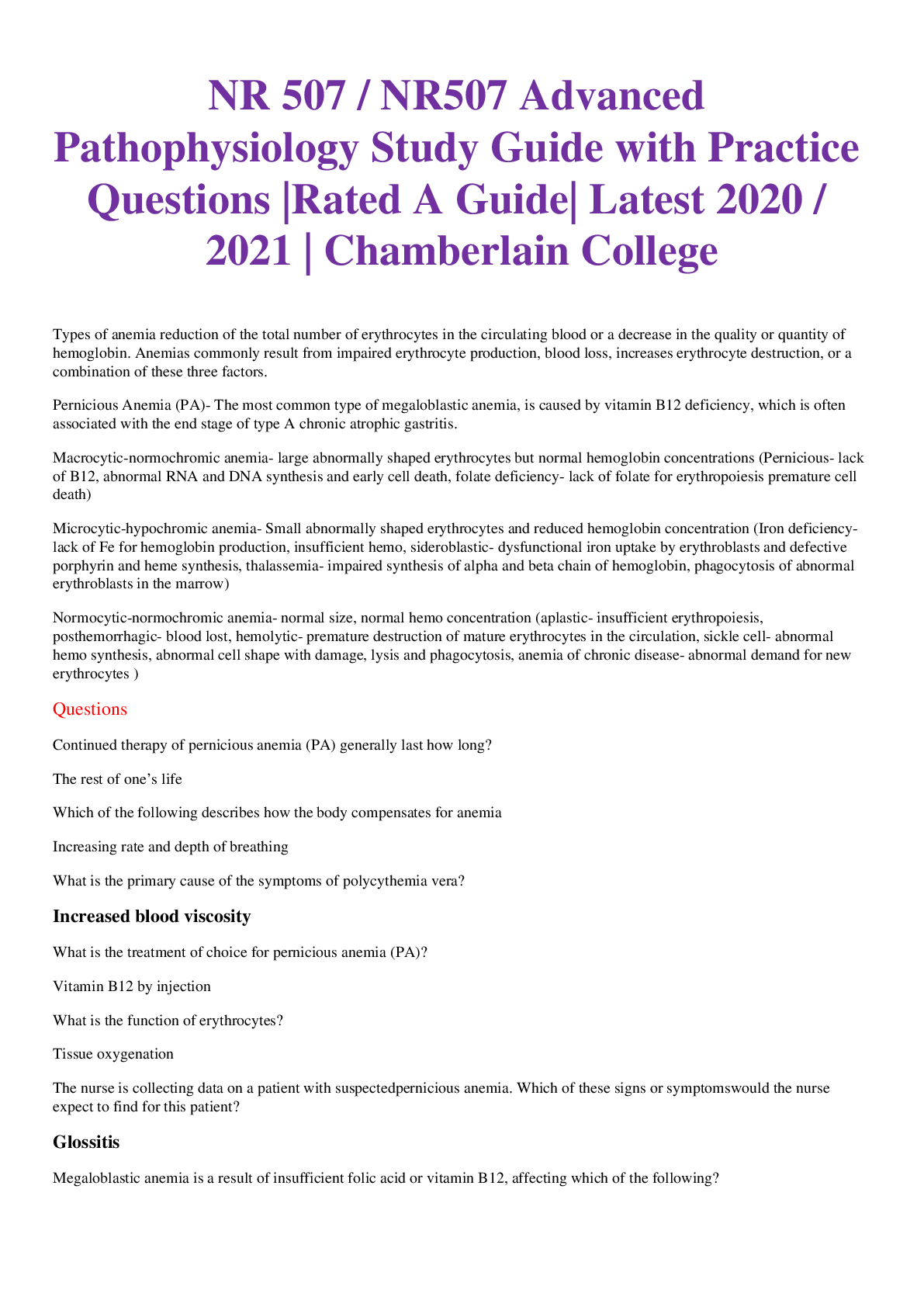 NR 507 / NR507 Advanced Pathophysiology Study Guide with Practice Questions |Rated A Guide| Latest 2020 / 2021 | Chamberlain College